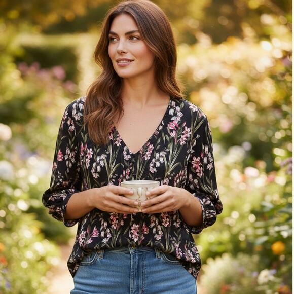 Karl Lagerfeld Floral Top Size 2X Knit V-Neck - Picture 4 of 9